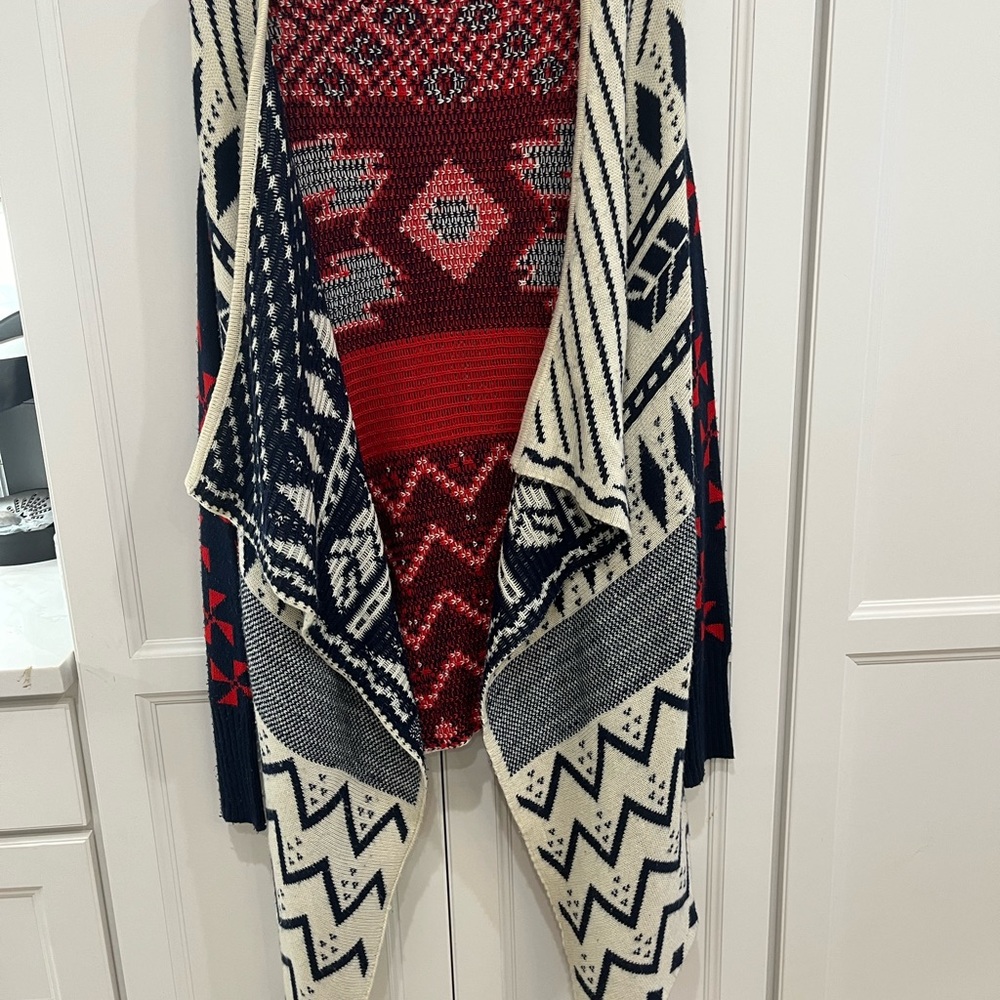 Kate Collection long Aztec print red white and blue sweater